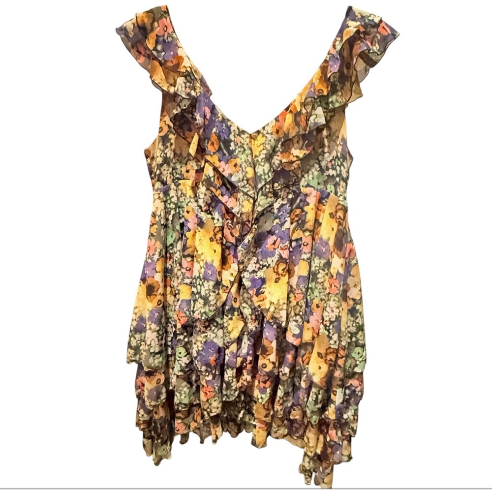 Vintage Y2K Black Multicolor Floral Asymmetrical TieredRuffle Mini Dress 6/Small